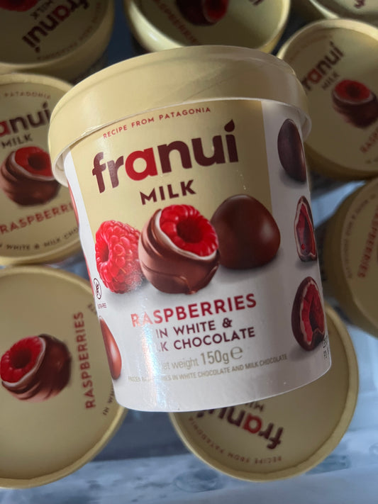 FRANUI - Framboises enrobées au Chocolat Blanc et Chocolat au Lait